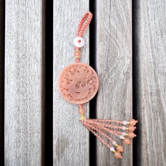 Pink Phoenix Tassel Ornament - Chinese Jade Bag Charm - Picture 1 of 5
